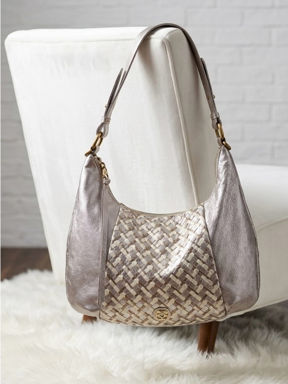 Elliott Lucca Metallic Taupe & Silver Woven Hobo